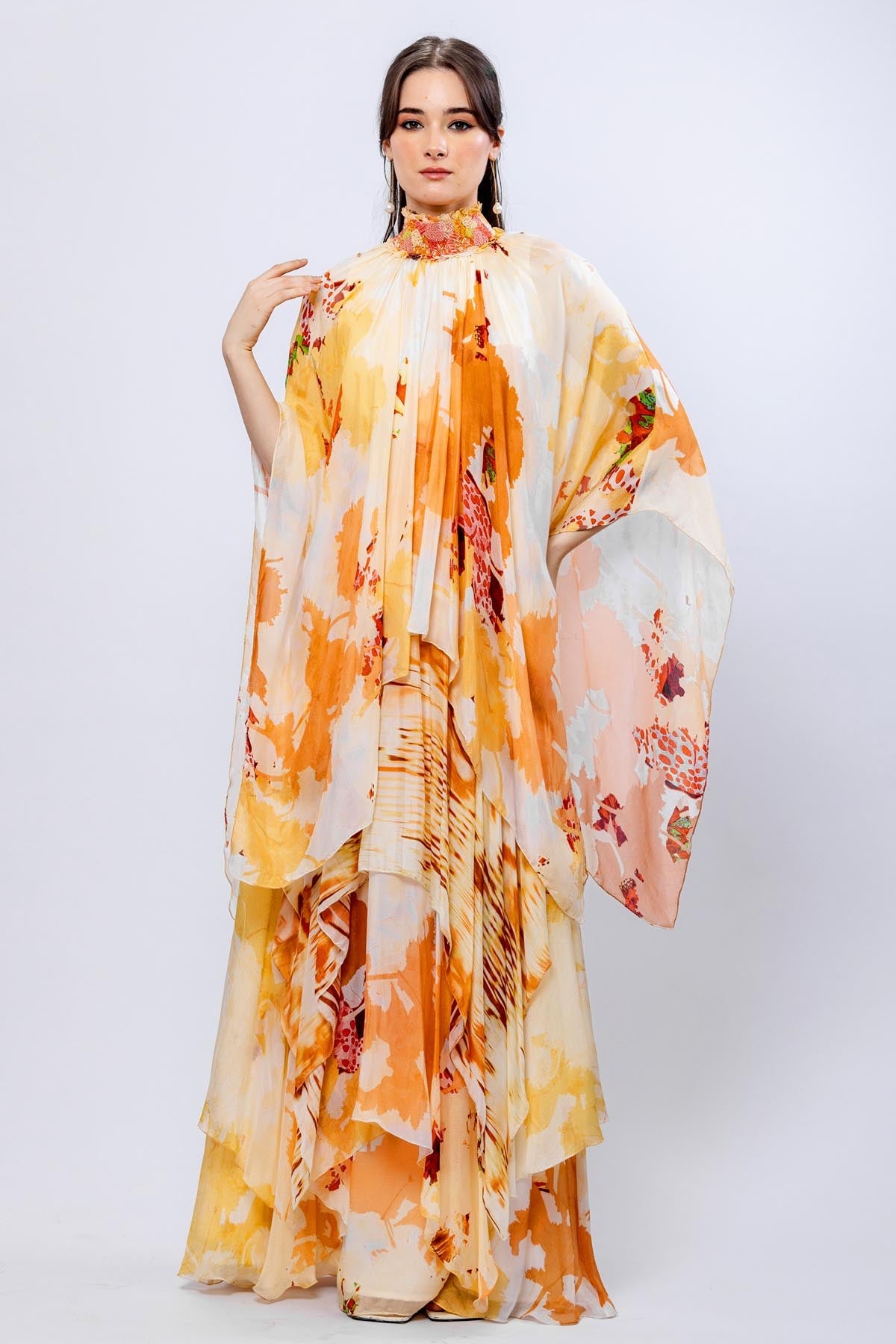 Buy Ochre Chiffon Layered Gown by Mandira Wirk
